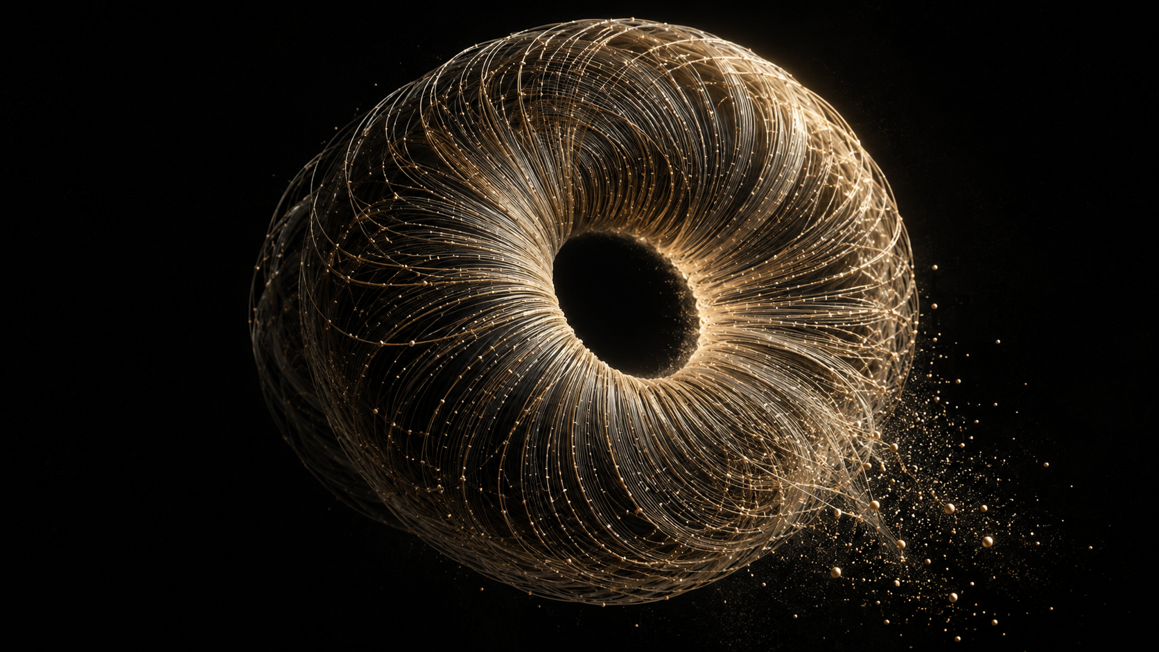 A field of golden filaments folding into a luminous circle