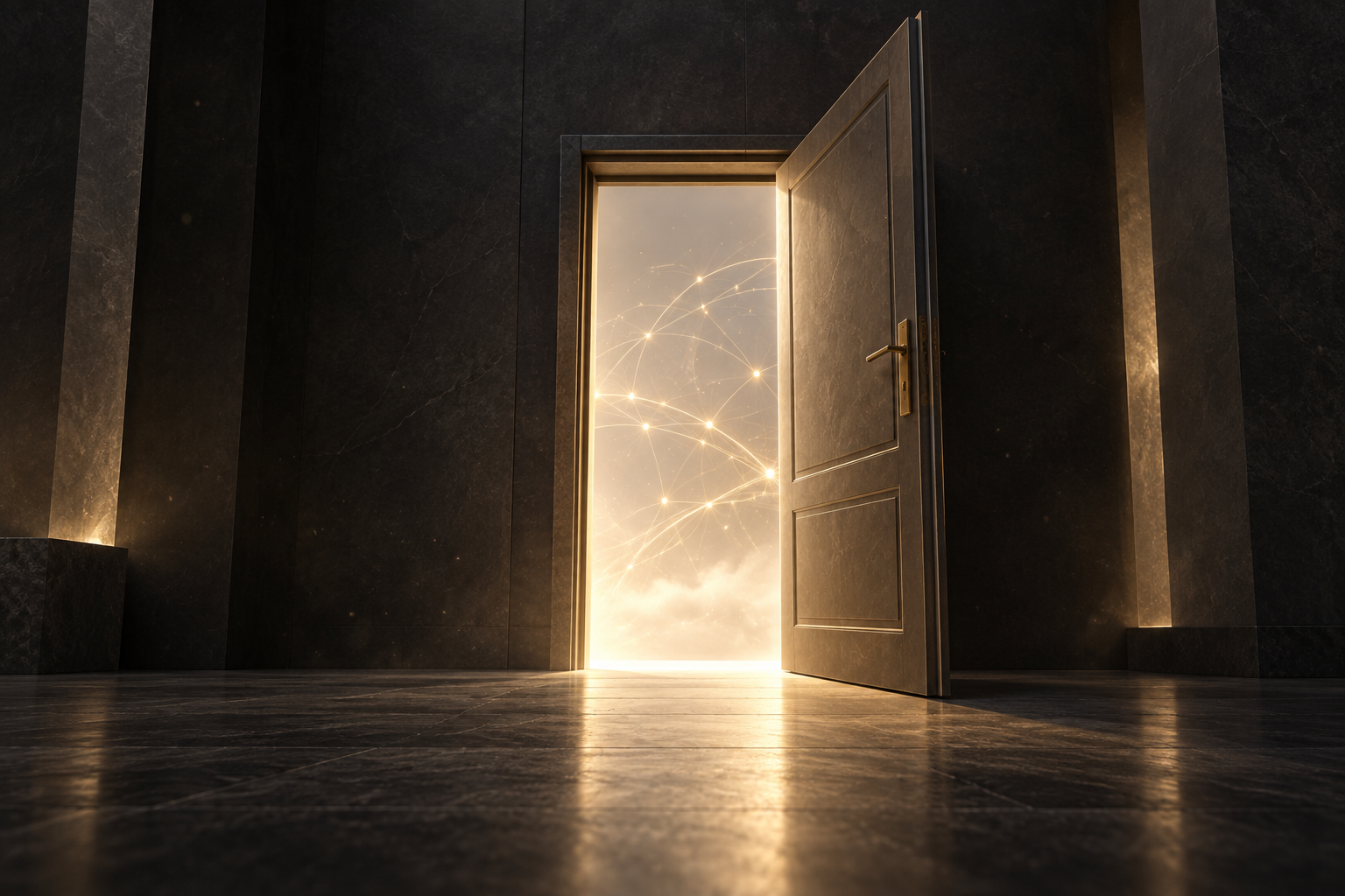 An open doorway in dark stone reveals warm light and a network of connected points